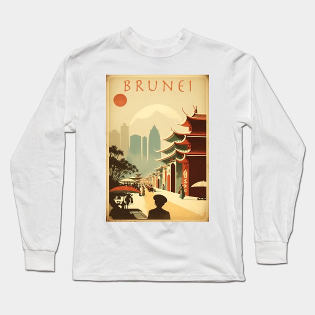 Brunei Streetscape Vintage Travel Art Poster Long Sleeve T-Shirt by OldTravelArt